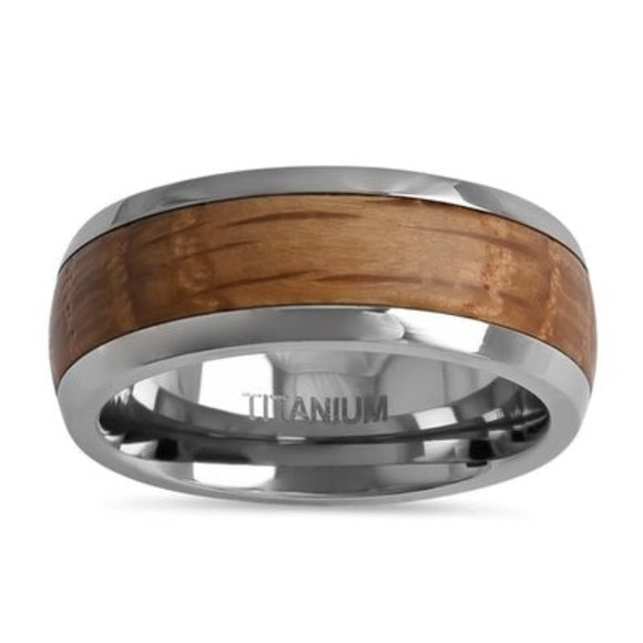 Titanium 8mm Whiskey Barrel Wood Band Ring - Picture 3 of 4